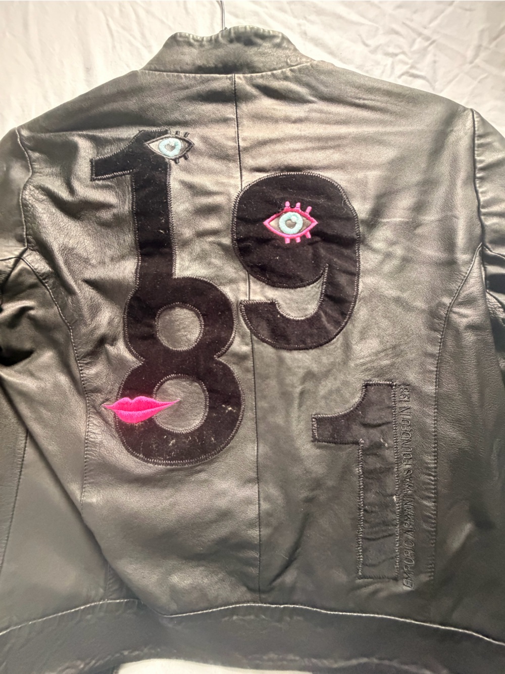 Emporio Armani Black Leather Jacket with Black Suede '1981' Patch